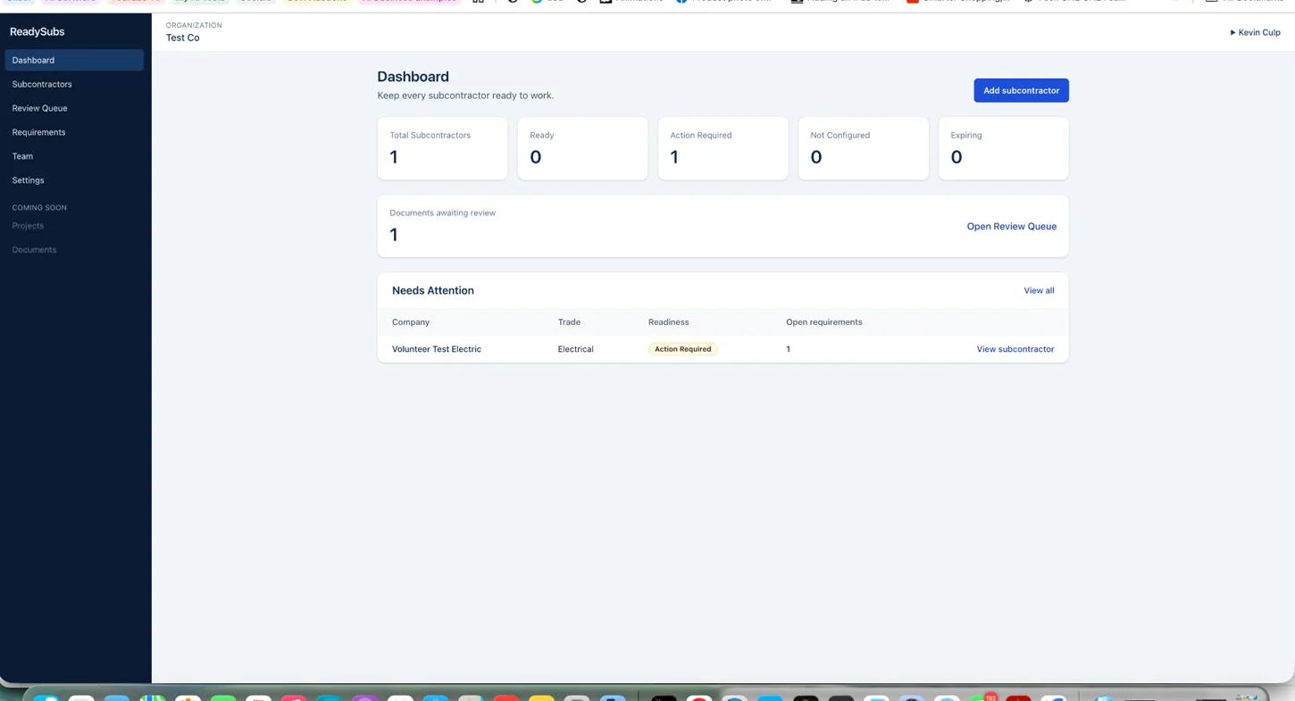 Development screenshot of ReadySubs organization dashboard showing subcontractor totals, readiness and review queue