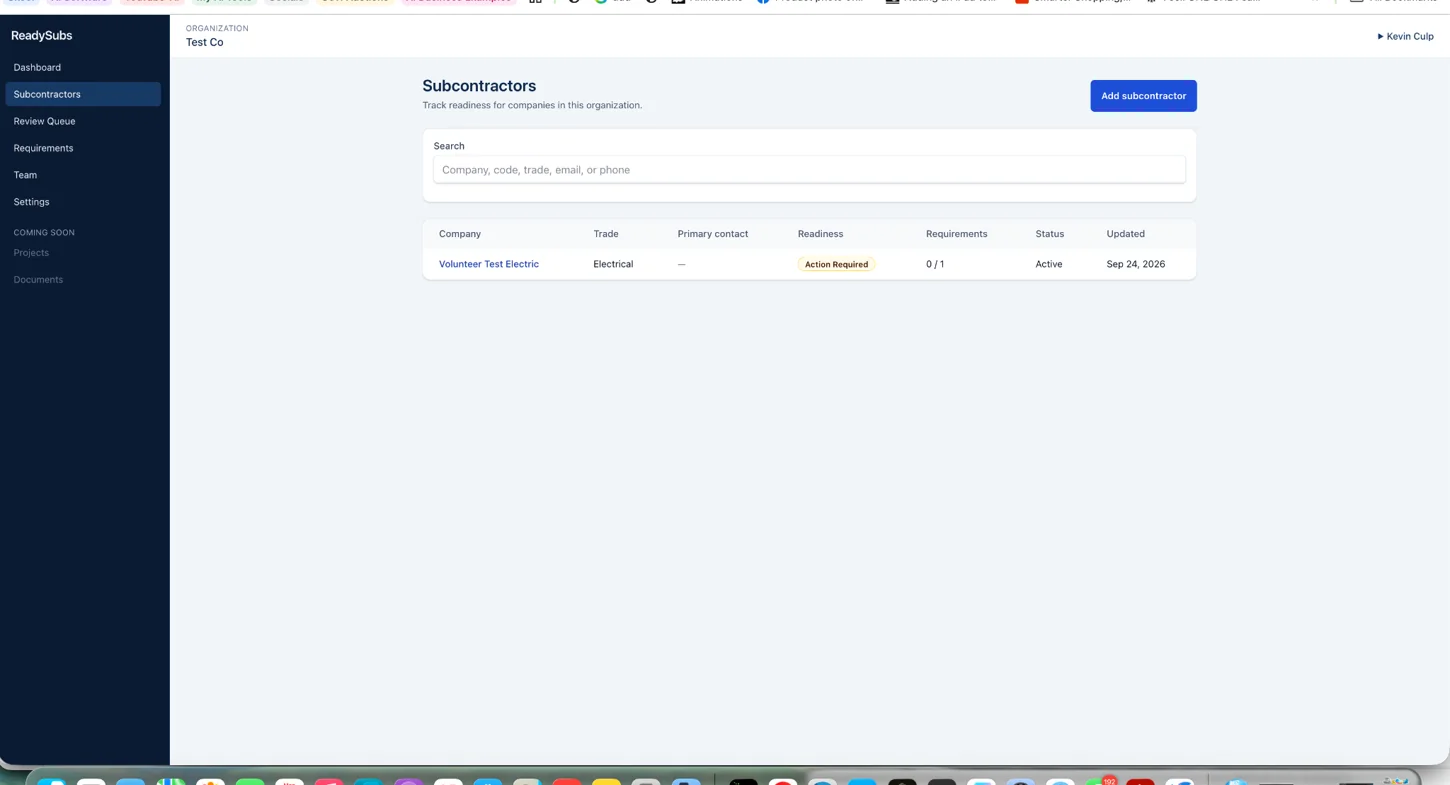 ReadySubs subcontractor list screen with searchable companies and readiness status