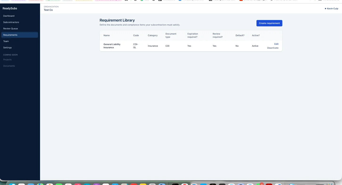 ReadySubs requirement library showing general liability insurance rule configuration