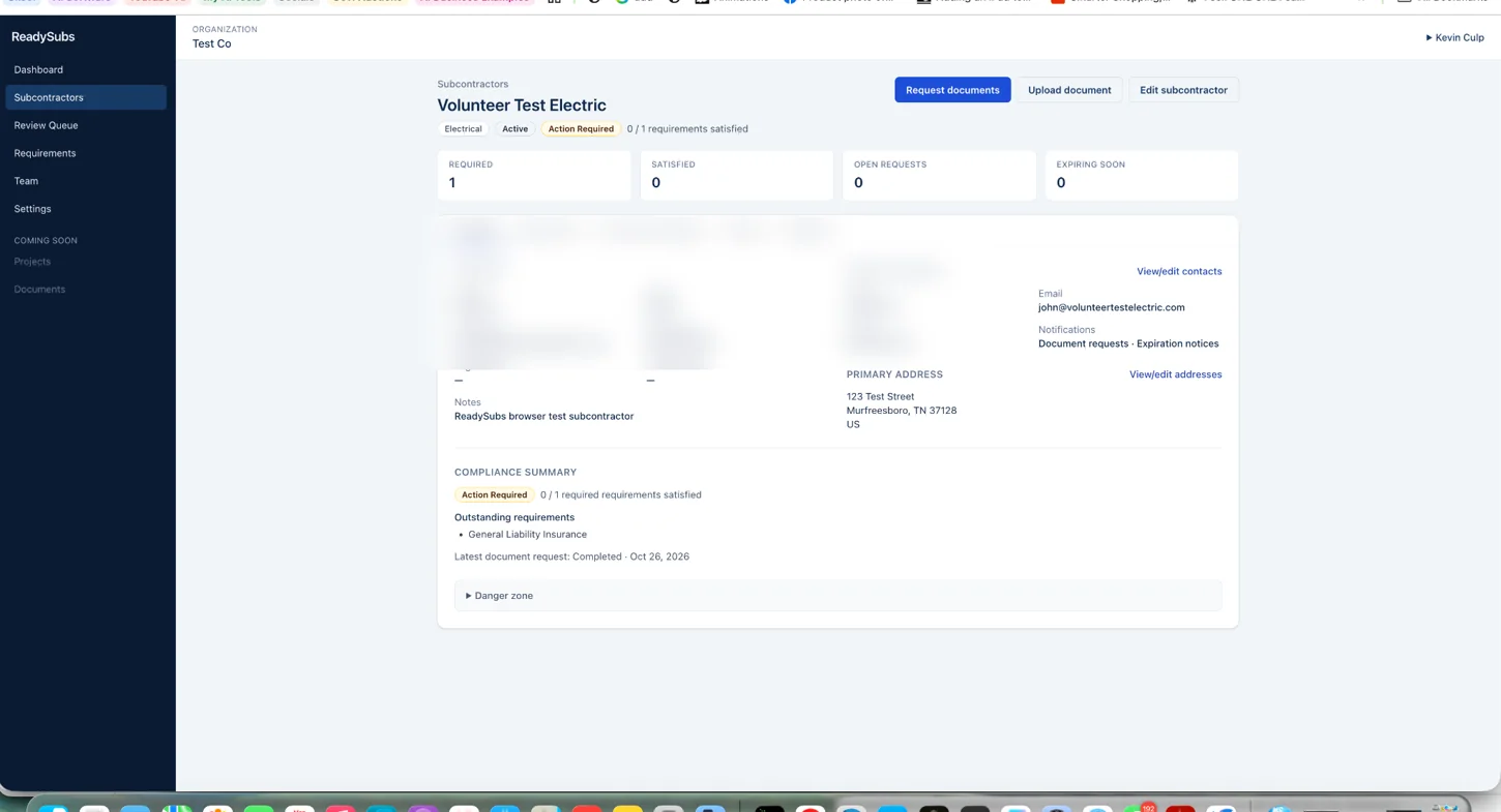 Redacted development screenshot of a ReadySubs subcontractor record and compliance summary